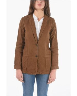 Woolrich Gestreepte Blazer Van Linnen En Katoen Met Twee Knopen In Bruin