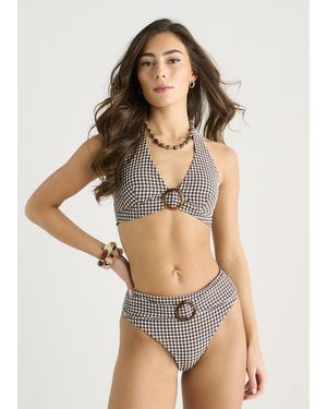 Gini London Seersucker Gingham Bikini Bottom - Brown