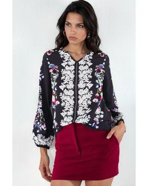 Msn-Collection Floral V-Neck Crepe Blouse - Red
