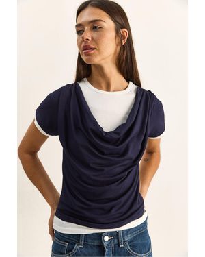 Bianco Lucci Cowl Neck Short Sleeve T-Shirt - Blue