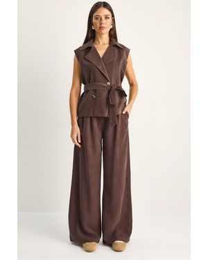 Bianco Lucci High Waist Wide Leg Co-Ord Set With Shawl Collar - Brown