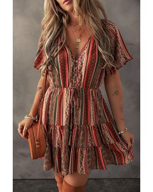 Azura Exchange Tiered Mini Dress Buttondown Paisley Print - Brown