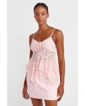 Dilvin Kant Vierkante Hals Touw-Voorkant Camisole Blouse - Roze