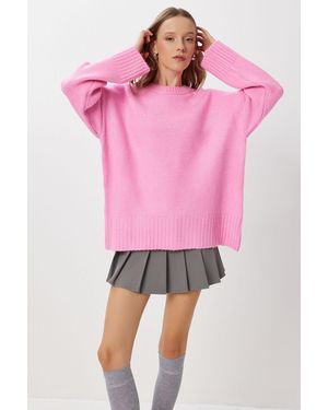 Happiness İstanbul Oversized Basis Trui Met Ronde Hals - Roze