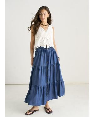 Gini London Chambray Elasticated Button Front Midaxi Skirt - Blue
