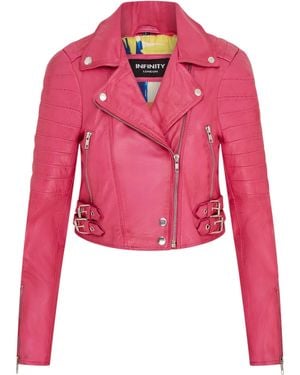 Infinity Leather Cropped Brando Biker Jacket-Damascus Lamb Leather - Pink
