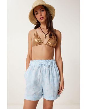 Happiness İstanbul High Waist Drawstring Mini Shorts With Binding Detail - Blue