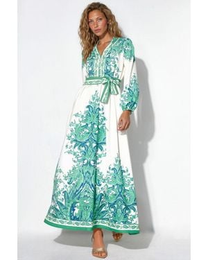 Msn-Collection Paisley A-Line Maxi Dress With Tie Belt - Green