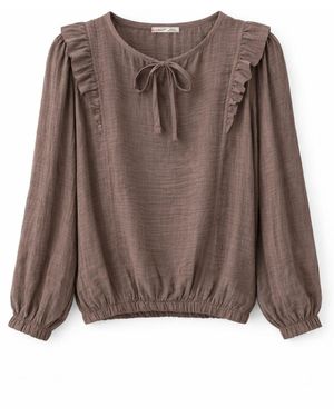 MixRay Textured Frilly Crew Neck Blouse - Bruin