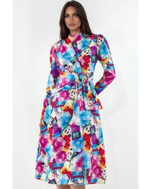 Msn-Collection Printed Wrap Midi Dress - White