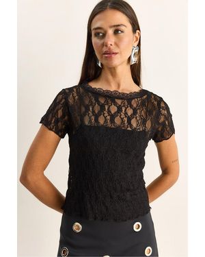 Bianco Lucci Lace Crew Neck Blouse - Black