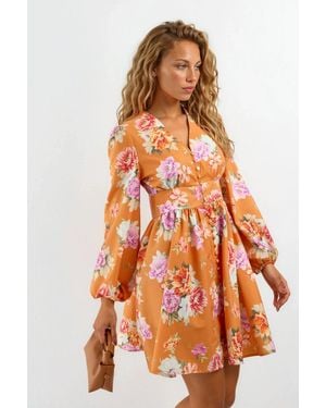 Msn-Collection Gekruide Bloemige V-Hals Mini Jurk - Oranje