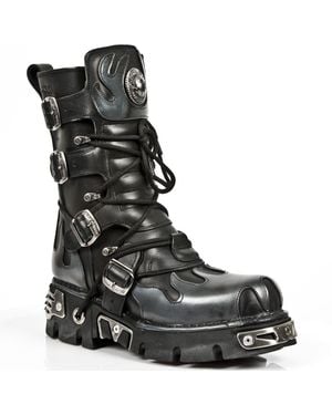 New Rock Flame Accented/ Leather Boots-591-S2 - Black
