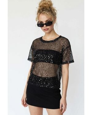 MixRay Sequin Woven Crew Neck Blouse - Black