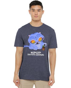 K-Pop Demon Hunters Adult Cute Derpy Tiger Heather T-Shirt (Heather) - Blue