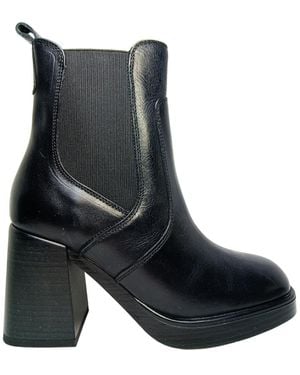 Fabbrica Dei Colli Zapatos Para Mujeres Botas De Tobillo De Cuero Con Bandas Elasticas Laterales Y Tacon - Negro