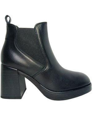 Fabbrica Dei Colli Zapatos Para Mujeres Botas De Tobillo De Cuero, Con Comodas Bandas Elasticas Laterales Y Tacon - Negro