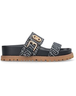 Liu Jo Denim Jacquard Sandals With Monogram All Over And Dark Dentellated Sole - Blue