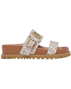 Liu Jo Denim Jacquard Sandals With Monogram All Over And Dentellated Sole - Brown