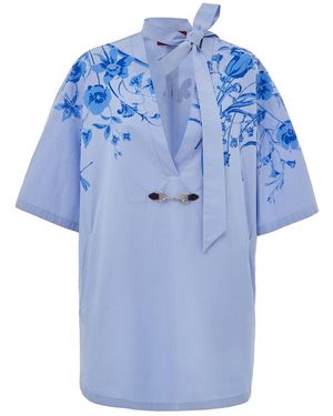 Gucci Camisa Kimono En Frances Cotton Popeline Con Flores De Impresion - Azul