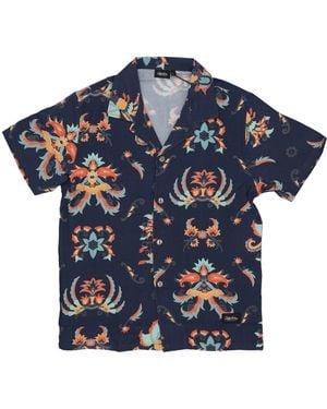 DOLLY NOIRE Mannen Korte Sleeve Shirt Traditionele Batik Bowling Shirt Zwart Multi - Blauw