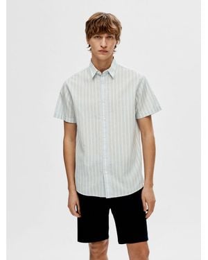 SELECTED Chemises Homme 16092495 Chemise Lin Ss Cachemire Bleu - Blanc