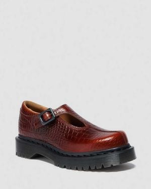 Dr. Martens Rejena Mary Jane Croc Emboss Leather Shoes - Brown