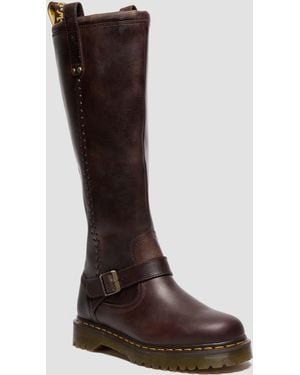 Dr. Martens Anistone Knee High Crazy Horse Leather Biker Boots - Brown