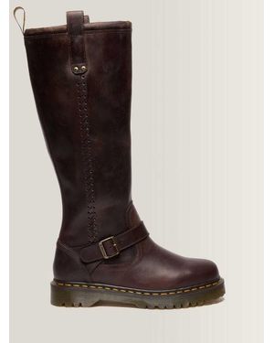 Dr. Martens Anistone Knee High Crazy Horse Leather Biker Boots - Brown