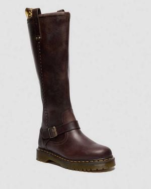 Dr. Martens Anistone Knee High Crazy Horse Leather Biker Boots - Brown