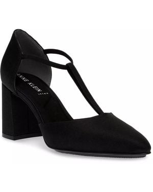 Anne Klein Barclay Pointed Toe T Strap Block Heel Pumps - Black