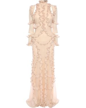 McQueen 3/4 Sleeve Ruffle Long Dress - Natural
