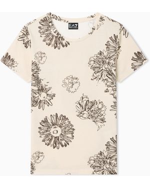 EA7 Graphic Series Stretch Jersey T-Shirt With Floral Print - Natural