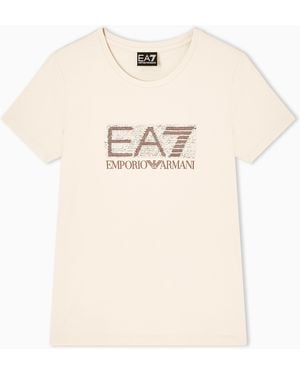 EA7 Logo Series Cotton Jersey T-Shirt With Logo - Natural