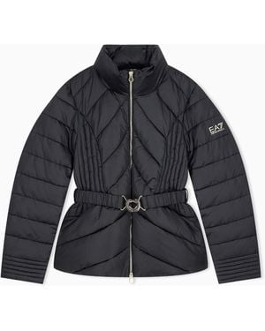 EA7 Regular Fit Padded Bomber Jacket With Hood And Shiny Finish - Blue