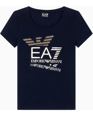EA7 Logo Series T-Shirt Aus Baumwollstretch Mit Rundhalsausschnitt Und Print - Blau