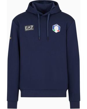 EA7 Fisi Collection Stretch-Cotton-Blend Hooded Sweatshirt - Blue