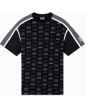 EA7 Logo Series T-Shirt Mit Rundhalsausschnitt Aus Baumwolle, Mit Durchgehendem Monogramm-Muster - Schwarz
