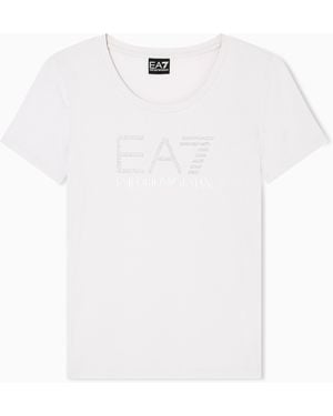 EA7 Logo Series T-Shirt Aus Baumwollstretch Mit Rundhalsausschnitt Und Strass-Details - Weiß