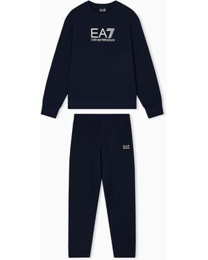EA7 Stretch Cotton Crewneck Logo Tracksuit - Blue