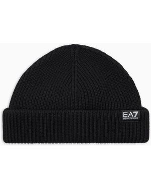 EA7 Fisherman Wool Knit Beanie With Logo Mountain Core - Black
