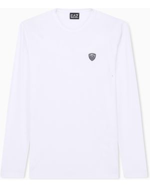 EA7 Stretchjersey Langarmshirt Mit Schildlogo Premium Shield - Weiß