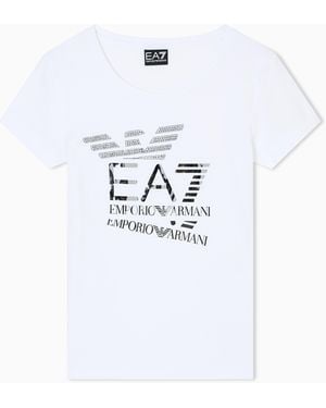 EA7 Logo Series T-Shirt Aus Baumwollstretch Mit Rundhalsausschnitt Und Print - Weiß