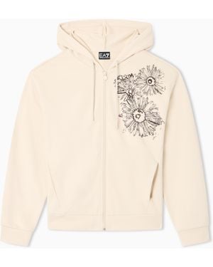 EA7 Graphic Series Cotton-Blend Hooded Sweatshirt With Floral Print - Natural