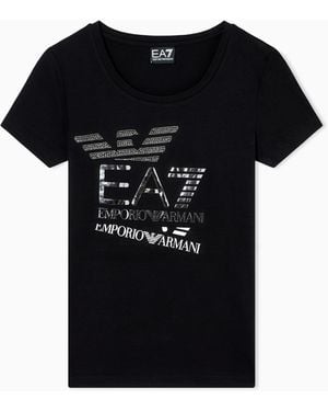 EA7 Logo Series T-Shirt Aus Baumwollstretch Mit Rundhalsausschnitt Und Print - Schwarz