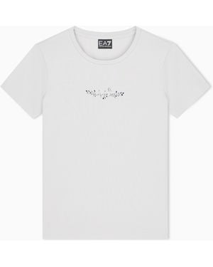 EA7 T-Shirt Logo Series Aus Baumwolle Mit Floralen Kristallen - Weiß
