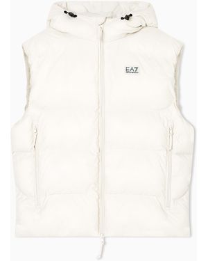 EA7 Padded, Hooded Gilet Made Of Technical Fabric - White