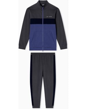 EA7 Asv Athletic Colour Block Organic Cotton-Blend Tracksuit - Blue