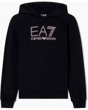 EA7 Logo Series Organic Cotton-Blend Hooded Sweatshirt With Rhinestones - Black