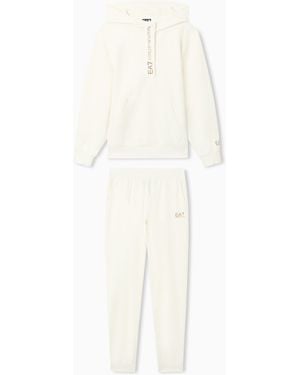 EA7 Stretch Cotton Jersey Hooded Tracksuit - White